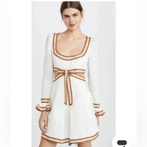Zimmermann super 8 white linen western mini dress round neck cutouts bow size 0